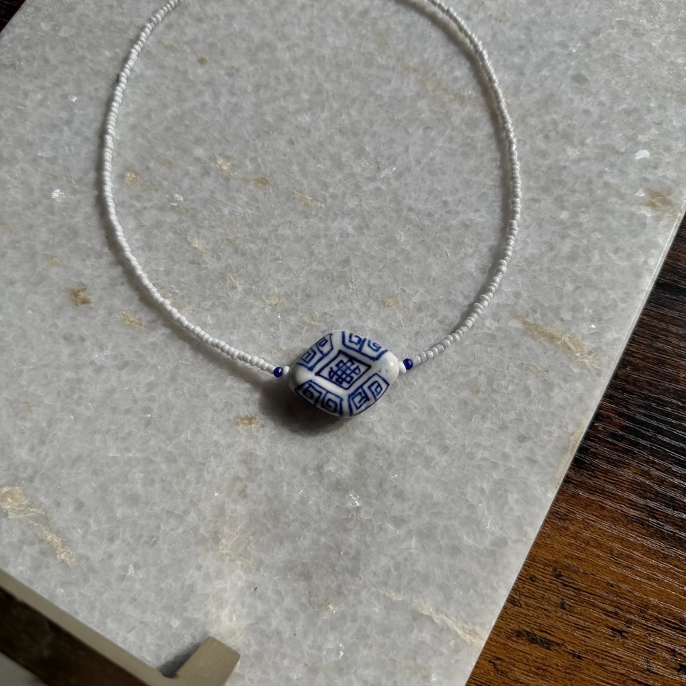Blue & White Porcelain Bead Choker Necklace - Picture 3 of 6